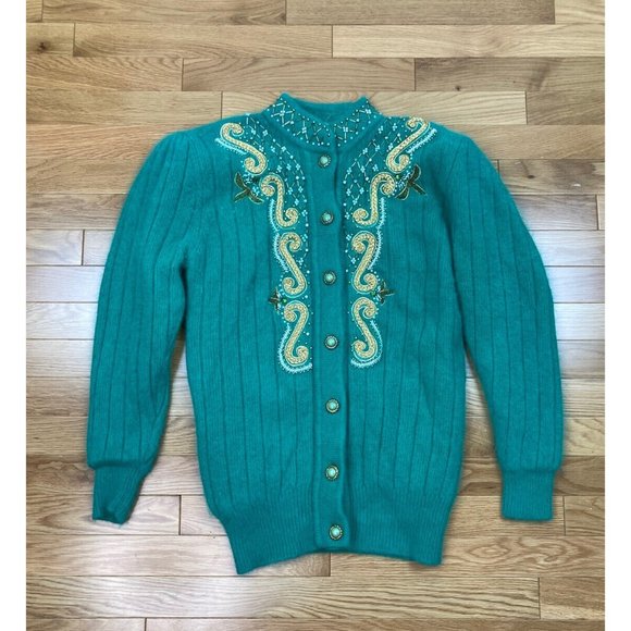 *Vintage Belldini Angora Embellished Button Cardigan Sweater M Green Gold Jewel - Picture 4 of 11
